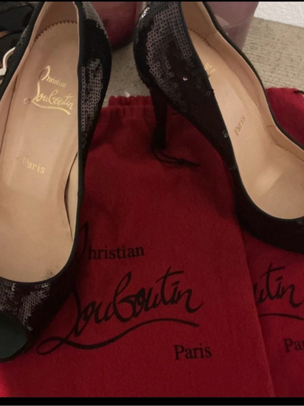 Christian Louboutin Black Sequin Peep-Toe Pumps - Picture 3 of 4